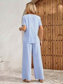 Faunlyn Conjunto de 2 piezas de camisa y pantalones de unicolor casual de vacaciones para mujer - Azul y blanco - Ver 2