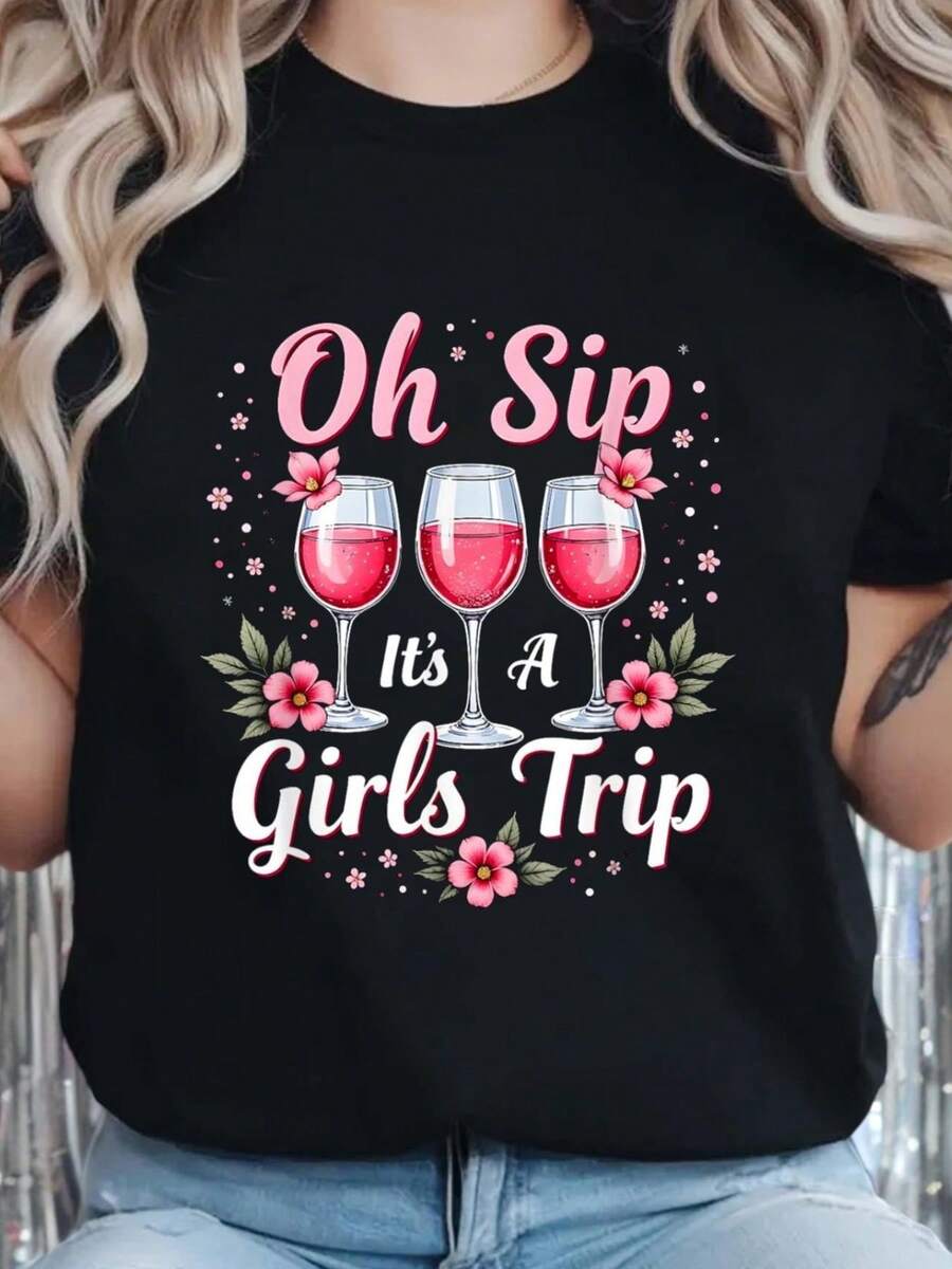 Fashionable One-Piece Women's T-Shirt, Suitable For All Seasons, With Pink Floral Print And Wine Glass Holiday Design - Casual Black Short-Sleeved T-Shirt, Round Neck, Machine Washable, Ideal For Travel And Everyday Wear. - 黑色 - 查看 1
