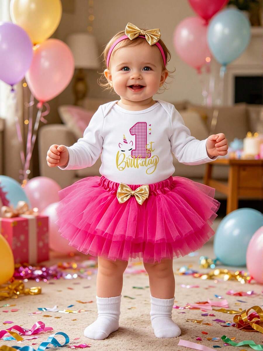 4Pcs/Set Baby Girl Cute Cartoon Letter Print Long Sleeve Bodysuit, Tulle Skirt, Headband, Celebration Outfit, Holiday, Milestone Party