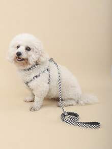 1 Set Polyester Minimalist Black & White Plaid Collar, Chest Harness & Leash, Suitable For Small Breeds Like Teddy & Poodle When Going Out - Black and White - View 7