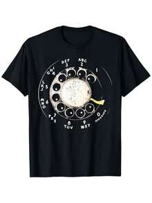 [Regalos Nostálgicos] Camiseta con Diseño de Dial de Teléfono Rotatorio Vintage - Inspirada en el diseño nostálgico de los años 60/70 con dial rotatorio blanco y botones numerados - Cómoda camiseta negra de manga corta y cuello redondo para hombres y mujeres - Regalos nostálgicos para vestimenta casual y temática - Negro - Ver 8