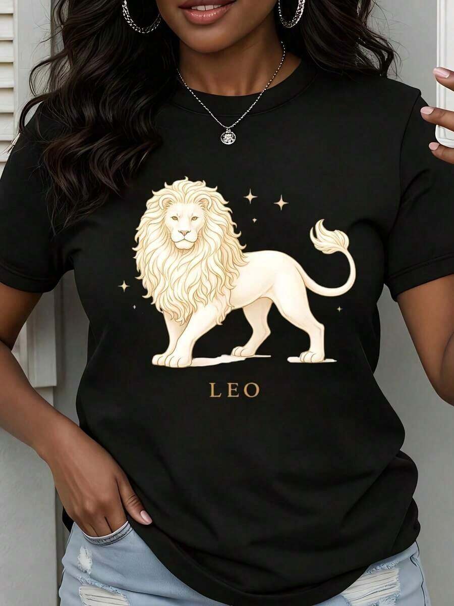 Women's Casual Loose Fit T-Shirt With Leo Zodiac Print, Ideal For Everyday Wear And Astrology Lovers - 黑色 - 查看 1
