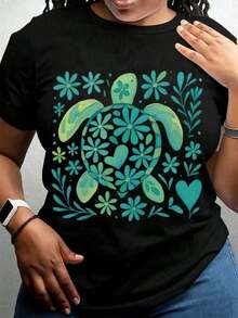 Women's Pure Cotton Turtle Floral Design T-Shirt, Round Neck, Soft, Comfortable, Stretchy Fabric, Suitable For Daily Wear, Seasonal Or Holiday Wear, An Essential Gift For Family Or Loved Ones. - 黑色 - 查看 7