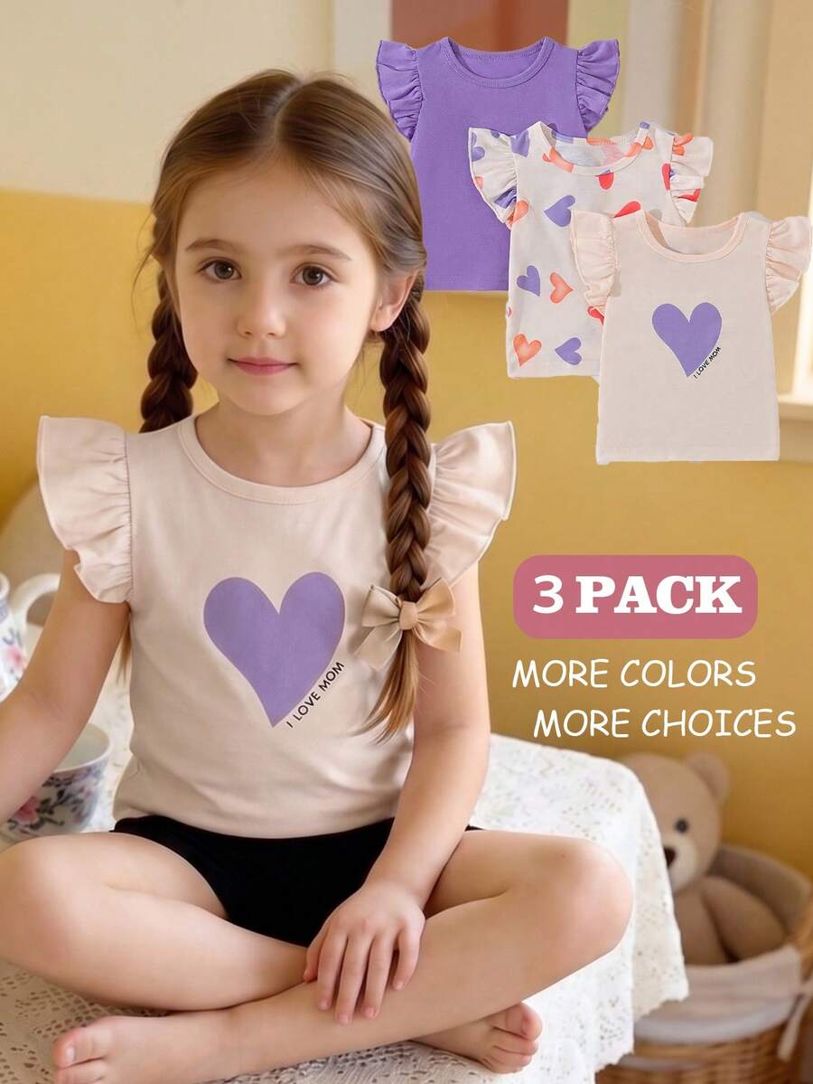 Set de 3 camisetas de cuello redondo con estampado de corazón con volantes para niñas bebé, Día de San Valentín - Morado - Ver 1