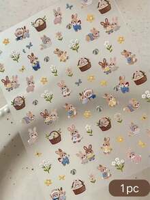 1pc Cute Bunny Embroidery Style Sticker, Flower Basket Bunny Pattern, Self-Adhesive, Waterproof & Scratch-Resistant, Universal For Phone Case / Laptop / Earphone Case, Accessory Material Decorative Sticker - 1pc YT7122 - View 5
