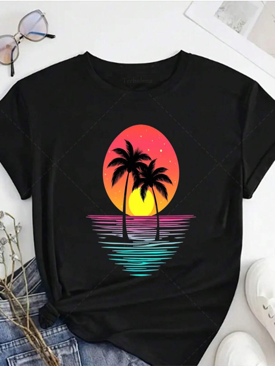 New In Fashion - BrightRetro Women's Palm Tree Sunset Print T-Shirt, Perfect For Summer And The Beach. This Casual T-Shirt Features A Tropical Print, A Crew Neck, And Short Sleeves. It's A Vintage Urban Style, Unisex, Made Of Loose-Fitting Cotton, And Has A Crew Neck. - 黑色 - 查看 1