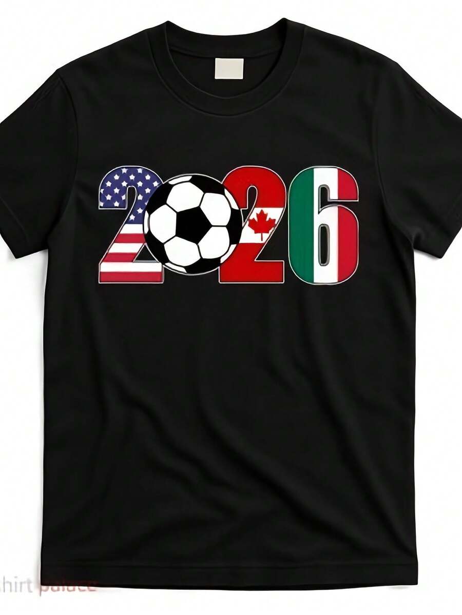 Men's 2026 International Football Championship T-Shirt, Printed, Short Sleeve, Round Neck, Casual Style, Soft And Comfortable, Summer Streetwear - 黑色 - 查看 1