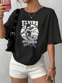 Women's Casual T-Shirt, Dark Humor, 100% Cotton, 1 Piece, Gothic Graphic Print T-Shirt, Everyday Wear T-Shirt, Fashion T-Shirt, Casual Blouses For Ladies - 黑色 - 查看 1