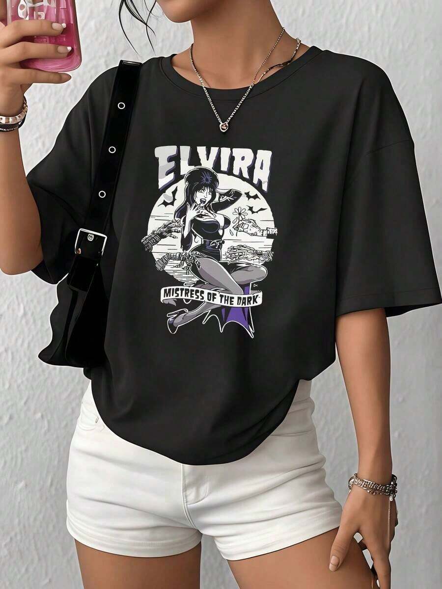 Women's Casual T-Shirt, Dark Humor, 100% Cotton, 1 Piece, Gothic Graphic Print T-Shirt, Everyday Wear T-Shirt, Fashion T-Shirt, Casual Blouses For Ladies - 黑色 - 查看 1