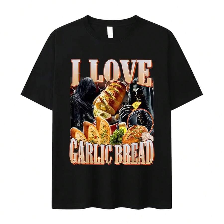 Maglietta grafica con scheletro "Amo il pane all'aglio" divertente, casual, popolare, a maniche corte, girocollo, in cotone, adatta per uomo e donna, estiva - Bianco - Visualizzare 1