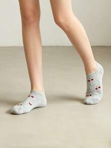 1/5/10 Pairs Women Heart & Cherry Solid Color Ankle Socks, Sweet Breathable Comfortable Invisible Socks, Suitable For Daily Wear, Sports, Home, All Seasons - Multicolor - View 5