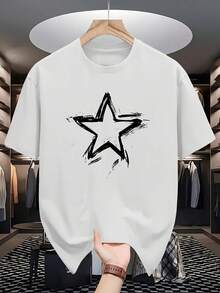 1 pieza de camiseta de manga corta transpirable y a la moda para hombre - ropa de verano, con un llamativo estampado geométrico de pentagrama y diseño creativo, transpirable y no sofocante, 180g 100% algodón. - Blanco - Ver 11