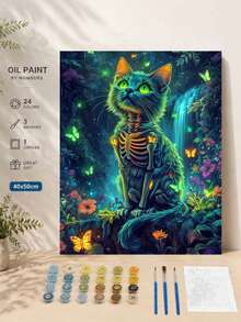 一套骷髅猫DIY数码油画套装，艺术工艺品，无框油画套装，适用于卧室装饰和墙面艺术装饰，绘画方法简单有趣，无需绘画基础，实现您的绘画梦想，沉浸在缤纷的世界中，每一笔都是自我表达，为生活增添浪漫气息，是馈赠亲朋好友的最佳礼物，节日礼物，40*50厘米 - 綠色 - 查看 2