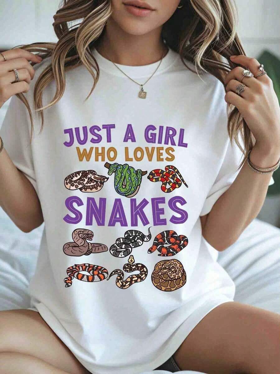 Soft 'Just A Girl Who Loves Snakes' Graphic T-Shirt For Women, Gift For Snake Lovers, Casual Summer Top With Animal Print, Casual Blouse For Women, Blouses For Women, Cotton T-Shirts For Women - 白色 - 查看 1