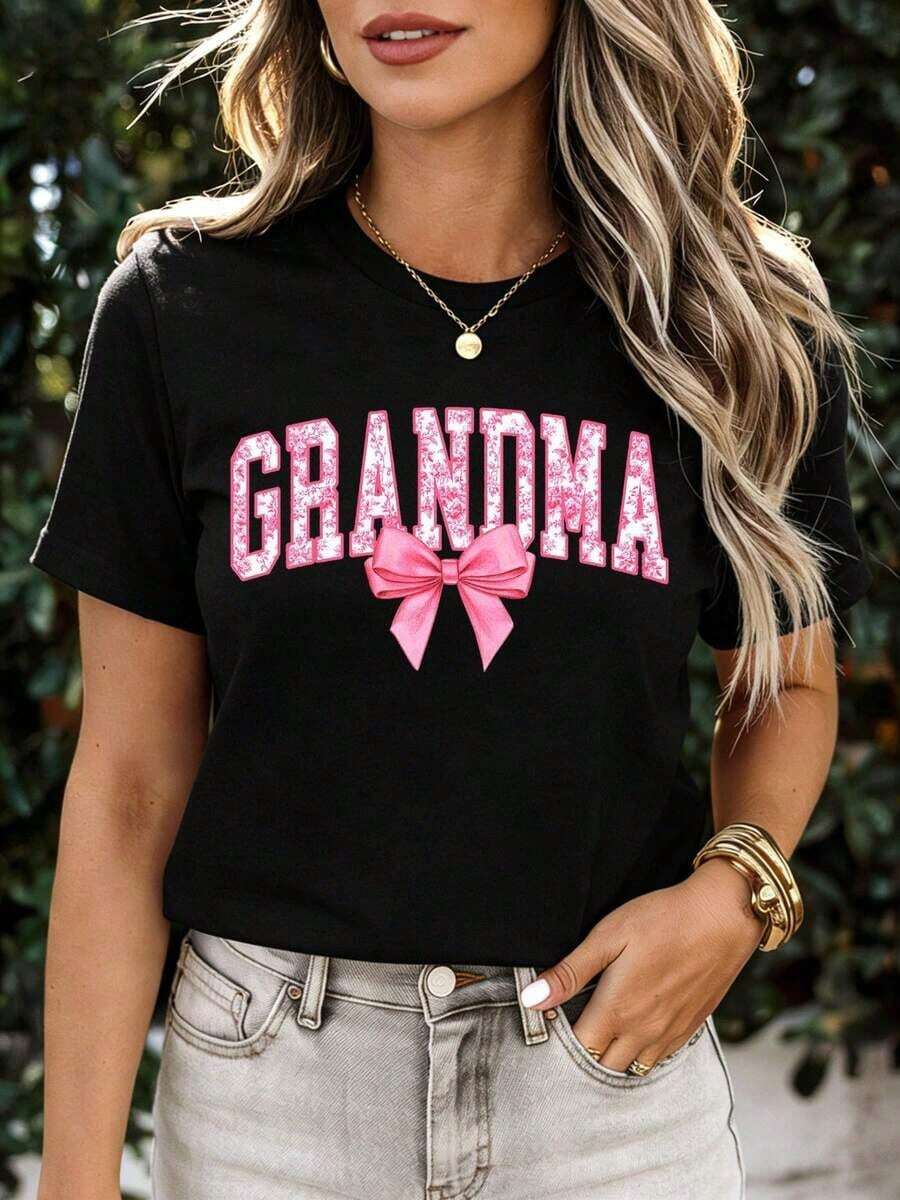 White T Shirt With Pink Grandma Text And Bow Print For Casual Wearblusas para mujer>ropa  blusa casual mujer  women clothing casual - Negro - Ver 1