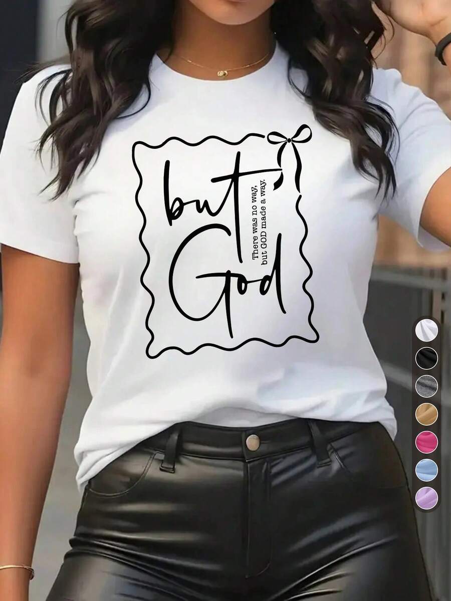 Women's Casual Sports T-Shirt With Cursive Text But God In Black - White Elastic Round Neck T-Shirt, Machine Washable, Comfortable Fit And Perfect For All Seasons, For Daily Use And Casual Activities. - 白色 - 查看 1