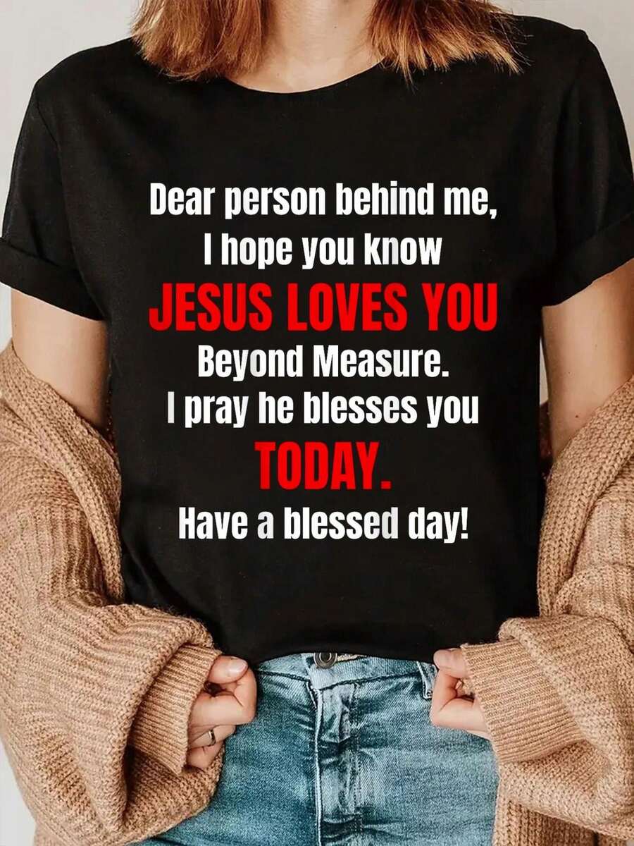 Camiseta Estampada para Mujer con Mensaje Religioso en Negrita - Camiseta Casual de Manga Corta y Cuello Redondo, Color Negro, con un Corte Relajado para Todas las Estaciones, Perfecta para el Uso Diario y Atuendos de Vacaciones (Lavable aáquina). para Combinar con un Cárdigan. - Blanco - Ver 1