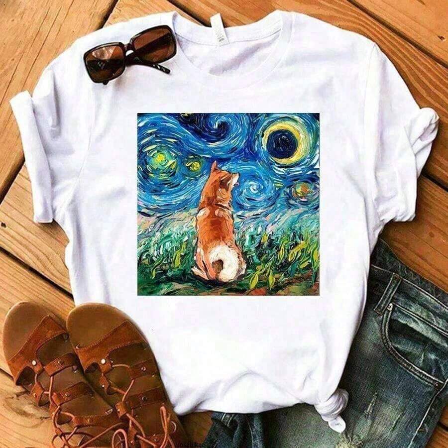 Super Happy Summer Shiba Inu T-Shirt For Women, Anime Print, Harajuku Kawaii Hip Hop Streetwear Style, Casual, Suitable As A Gift. Women's T-Shirt. Blouses>Elegant, Cute Cartoon Comics With Exquisite Illustrations. | Exquisite Design | Loose And Comfortable | Easy To Match | - 白色 7 - 查看 1