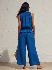 Nuevo conjunto de dos piezas de lino y algodón de estilo bohemio retro con volantes - Azul - Ver 2