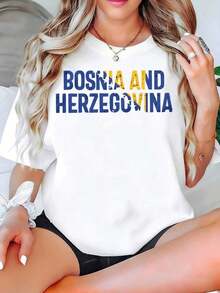 Camiseta estampada para mujer con la imagen de Bosnia y Herzegovina, manga corta, cuello redondo, top casual para uso diario, regalo de verano para amigos y familiares. Ropa de talla grande para mujer, blusas estampadas para mujer. - Blanco - Ver 5
