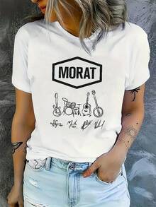 Women's T-Shirts 1 Piece Fashionable Printed Design Standard Round Neck Women's T-Shirt With Cartoon Band Print, Realistic Minimalist Style, Short Sleeves, Suitable For Summer Wear, Technology, Micro-Elastic Fabric, Exquisite Gifts, Casual Blouses For Ladies. - 白色 - 查看 1