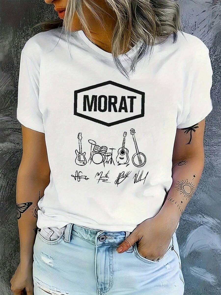 Women's T-Shirts 1 Piece Fashionable Printed Design Standard Round Neck Women's T-Shirt With Cartoon Band Print, Realistic Minimalist Style, Short Sleeves, Suitable For Summer Wear, Technology, Micro-Elastic Fabric, Exquisite Gifts, Casual Blouses For Ladies. - 白色 - 查看 1