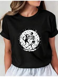 Camiseta Deportiva Casual para Mujer con Gráfico de Esqueleto Astrológico en Blanco - Camiseta Negra Elástica de Cuello Redondo, Lavable aáquina, Ajuste Cómodo y Apta para Todas las Estaciones, para Estilo Diario y Amantes de la Astrología. - Negro - Ver 6