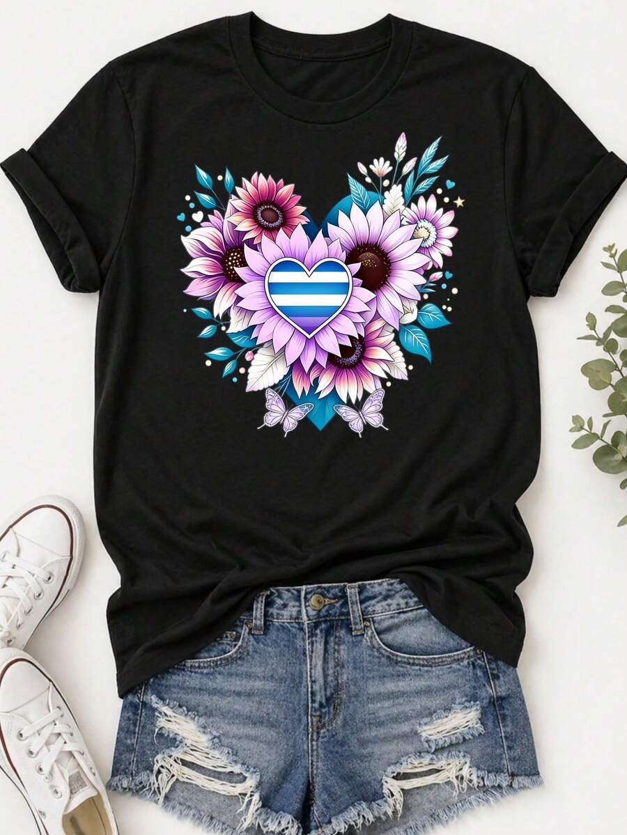 Camiseta estampada para mujer con diseño floral en forma de corazón - camiseta casual de manga corta y cuello redondo en negro, corte relajado para todas las estaciones, perfecta para el uso diario y atuendos de vacaciones (lavable aáquina). - Negro - Ver 1