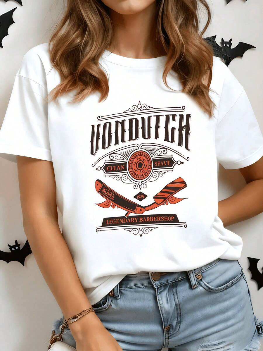 Vintage Motifs Depicting A Legendary Barbershop With A Classic Straight Razor And Ornamental Details In Warm Tones Evoke Retro Elegance. A Comfortable, Modern, Casual Women's T-Shirt For Everyday Wear. - 白色 - 查看 1