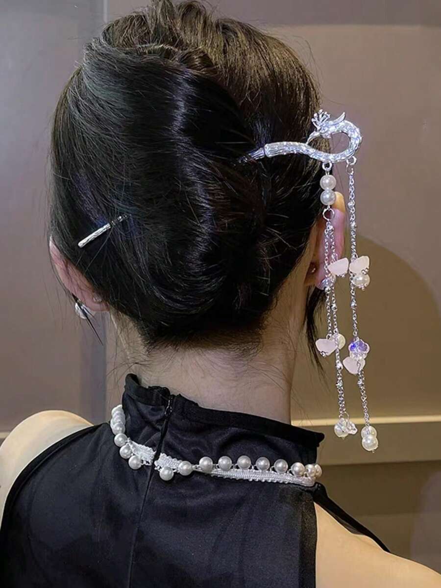 1 chiếc kẹp tóc tua rua ngọc trai màu bạc, phụ kiện tóc thanh lịch cho kiểu tóc búi hàng ngày/dự tiệc. - Nhiều màu - Xem 1