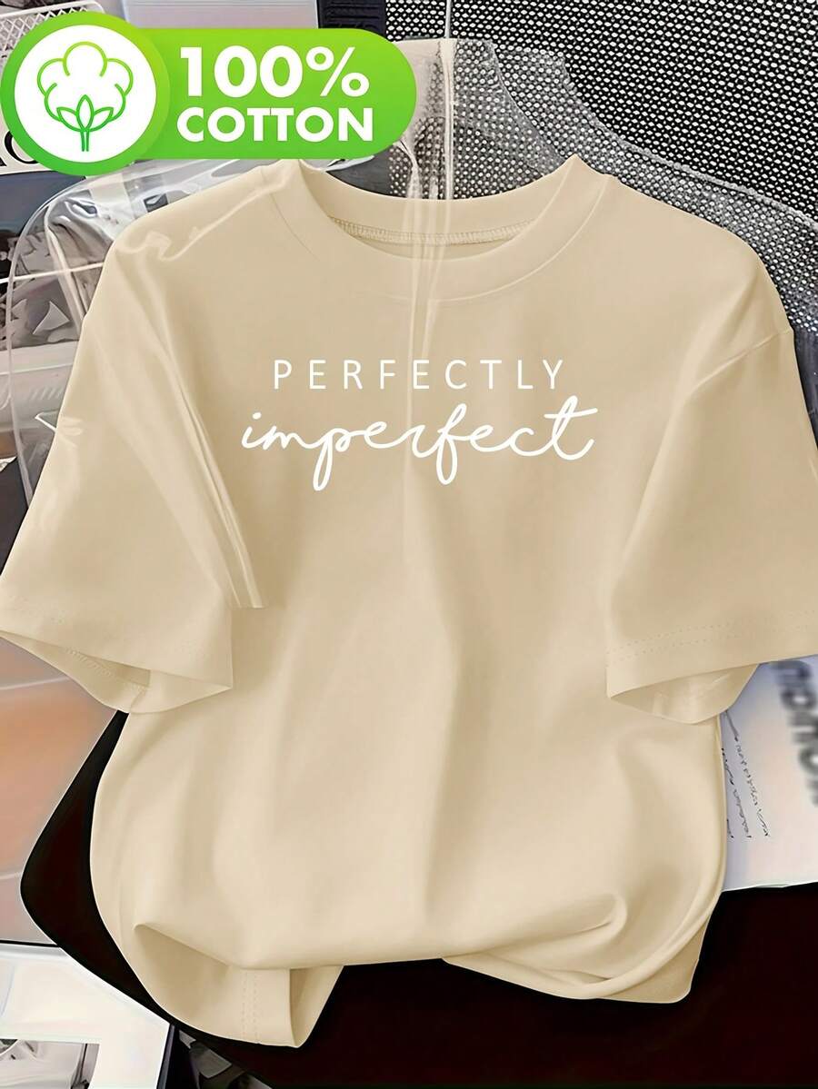 Talla Grande, Slogan Perfectamente Imperfecto, Camiseta Casual de Manga Corta con Cuello Redondo Estampada para Mujer de Talla Grande - Albaricoque - Ver 1