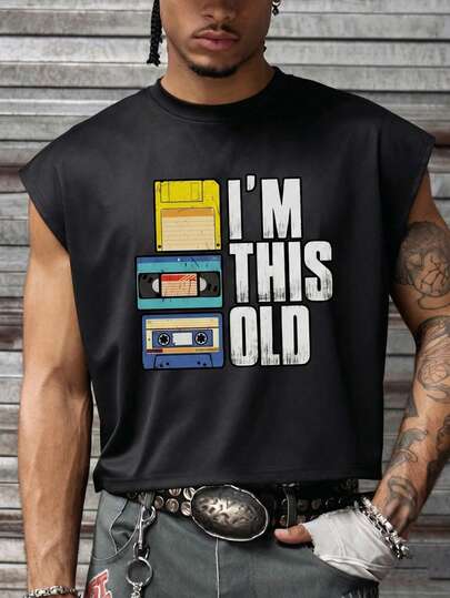  FRACTYR Men's Summer Casual Street Fashion Retro Cassette Tape & Floppy Disk Sleeveless Tank Top, Double-Sided Printing Design, American Vintage Loose Fit Graphic Round Neck Sleeveless Casual Tank Top, Workout Fitness Shirt, Soft Touch