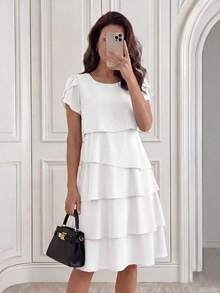 Vestido de mujer de unicolor con cuello redondo, mangas cortas con volantes en los puños y dobladillo con volantes, vestido de moda para vacaciones, primavera y verano - Blanco - Ver 6