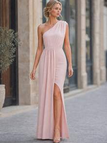 Đầm dài Vuslat nữ mùa hè kiểu Pháp thanh lịch màu hồng nude, lệch vai, eo thon, xếp ly khoét sâu, xẻ tà cao, dáng suông, gợi cảm, ôm sát, đa năng cho trang phục mùa hè hàng ngày, phù hợp cho khách dự đám cưới, phù dâu, tiệc sinh nhật, lễ tốt nghiệp, tiệc sang trọng, đầm hồng/đám cưới, lễ tốt nghiệp, trang phục ngày lễ. - Bụi hồng - Xem 4