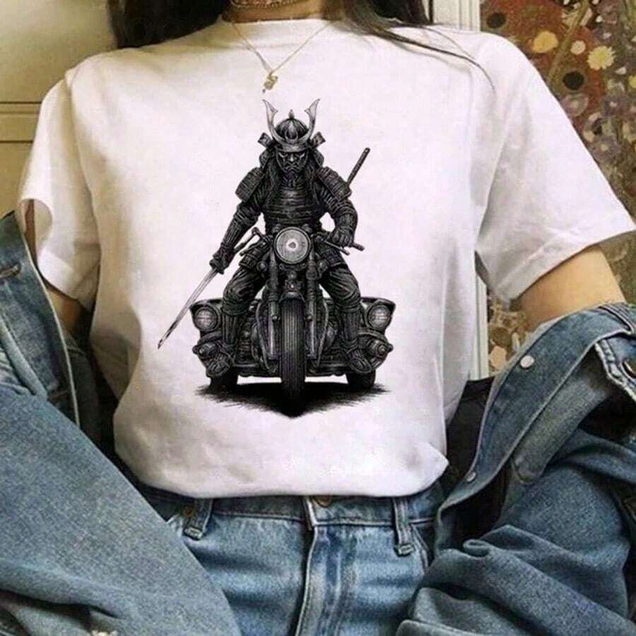 Camiseta Divertida Retro para Mujer, Manga Corta, Cuello Redondo, Versátil, Estilo de los 90, Estampado Casual con Patrón de Dibujos Animados, Blanca, Transpirable y Cómoda - Blanco - Ver 1
