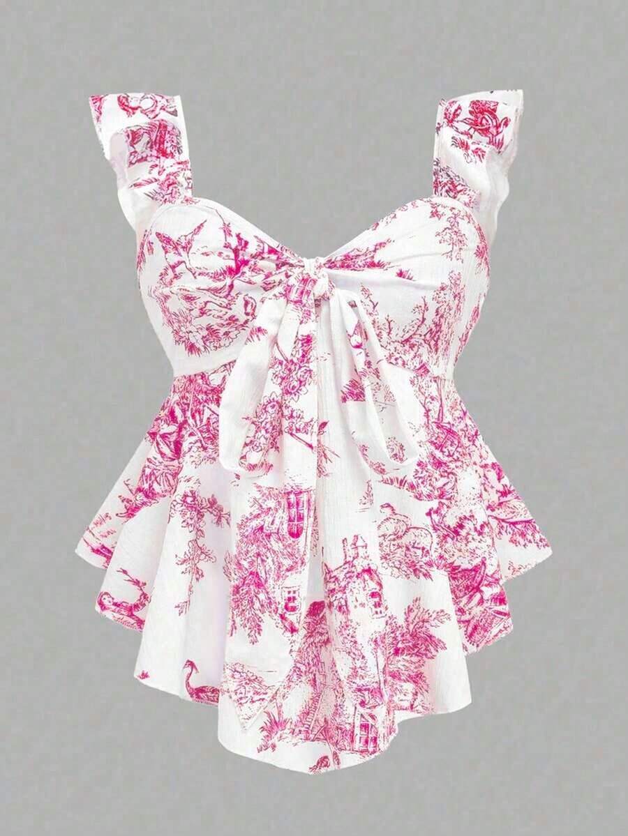Nuevo top de verano con estampado texturizado, volante en el bajo, lazo decorativo, adecuado para vacaciones, Día de San Valentín, uso diario.Top de lunares para mujer, últimas de verano, nuevos llegados, top sin mangas con volantes para mujer - Rosa Fucsia - Ver 1