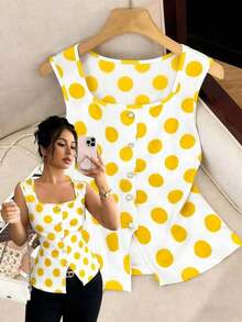 Blusa sin mangas elegante y casual para uso diario, citas y cenas, con botones de perla y diseño de lunares, primavera/verano - Amarillo - Ver 8