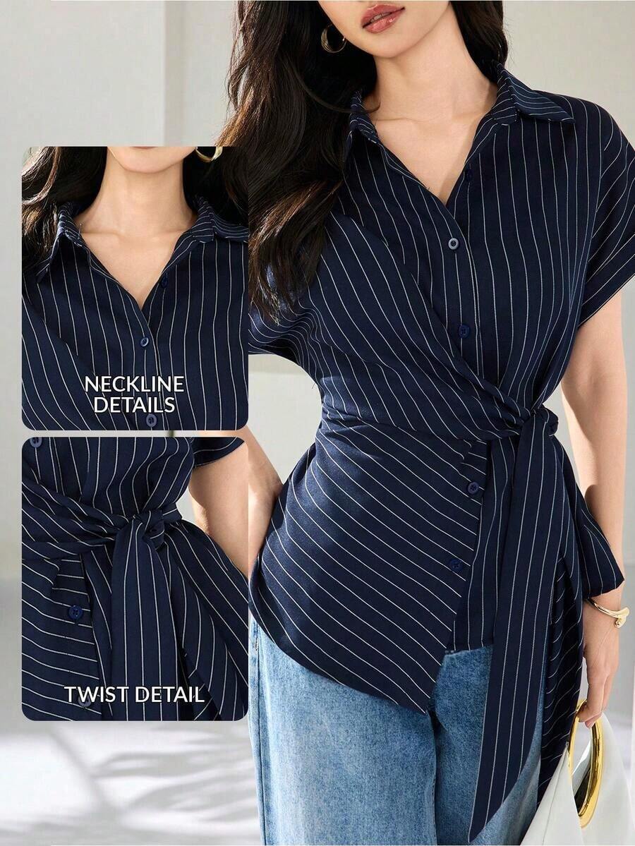 Camisa casual/de trabajo de mujer con mangas de murciélago a rayas, de un solo pecho y con cinturón de corbata - Azul - Ver 1