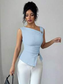Elenzya Camiseta de mujer de unicolor con decoración metálica y cuello asimétrico - Azul - Ver 7