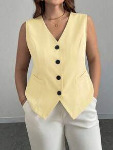 elegante de talla grande de un solo botonadura y ajustado, negro - Amarillo - Ver 7