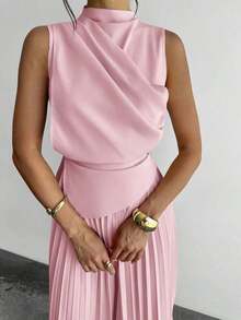 Vestido de línea A con cuello de swing sin mangas y volantes, falda paraguas, para volver al colegio, ropa escolar, fiesta, estilo de mujer de dinero antiguo, atuendos para salir, atuendos de fiesta para mujer, atuendos de oficina para mujer, fald - Rosa Pálido - Ver 3