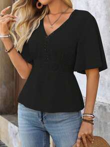 LUNE Blusa de encaje y parches para la cintura, ideal para vacaciones - Negro - Ver 5