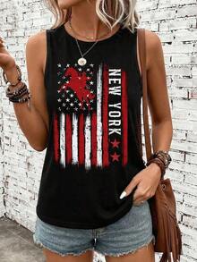 LUNE Camiseta de tirantes negra de 95% algodón con estampado de bandera y caballo, versátil - Negro 2 - Ver 4
