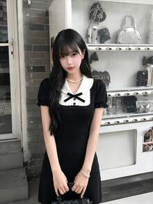 夏季新款白色纹理系带短袖女式T恤，甜美少女风修身露脐上衣，优雅休闲性感Y2K街头风针织开衫，适合海滩、派对、音乐节、约会、通勤等场合，黑色 - 黑色 - 查看 1