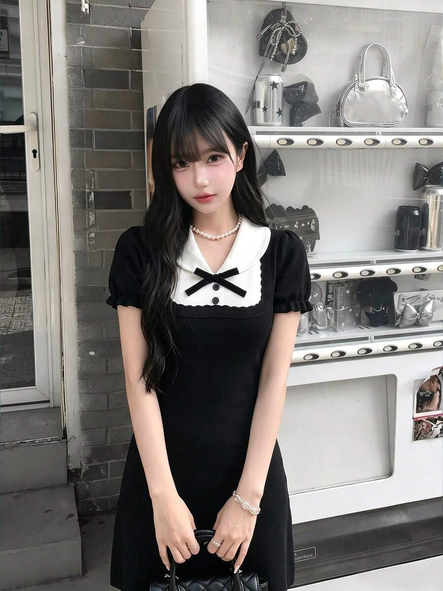 夏季新款白色纹理系带短袖女式T恤,甜美少女风修身露脐上衣,优雅休闲性感Y2K街头风针织开衫,适合海滩、派对、音乐节、约会、通勤等场合,黑色 - 黑色 - 查看 1