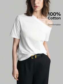 Camiseta de mujer de manga corta y hombro asimétrico, primavera/verano 2026.Camiseta casual urbana elegante con cuello asimétrico, adecuada para oficina, maestros, invitados de boda, vacaciones, casual de negocios, versátil - Blanco - Ver 4
