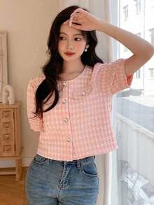 Blusa de manga corta para mujer con tejido texturizado y cuello redondo para verano, tops cortos para mujeres - Rosa - Ver 3