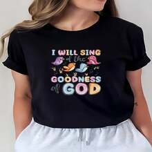 1 pieza de Playera corta 100% algodón, cuello redondo casual con estampado, Yo cantaré a Dios, cristiana, manga corta transpirable para uso diario - Negro - Ver 2