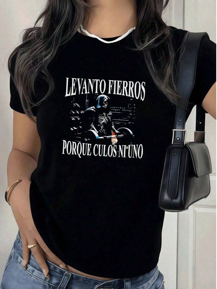 LooseCamiseta de mujer con estampado de esqueleto en gimnasio,estilo casual y moderno.100% algodón,suave y cómoda para el día a día.Simple Solid Color Women's T-shirt - Negro - Ver 1
