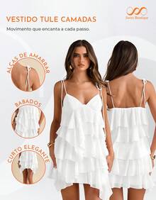 Women's Short Dress With Layered Ruffles, Thin Straps, V-Neck, Summer Fashion - 白色 - 查看 6